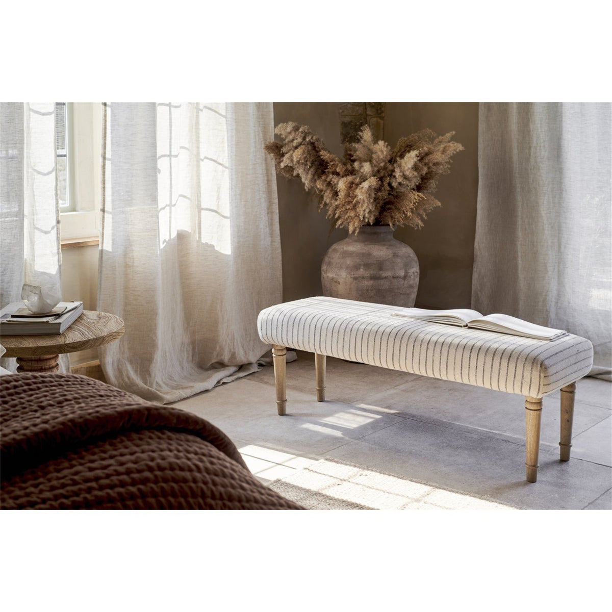 Sanja Stripe Upholstered Bench - Grey