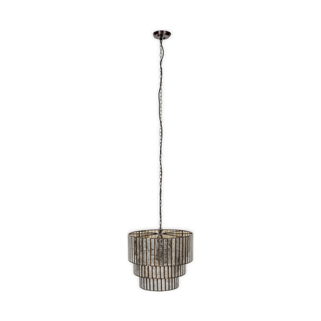 Shanaya three-tier chandelier pendant light with mottled mercury glass vertical panels in an antique bronze frame, suspended from a dark link chain against a plain white background.