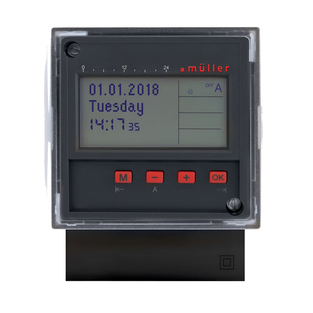 The Panel 1 Channel 7 Day Time Switch With Bluetooth includes a digital time display showing the date as 01.01.2018, Tuesday, and the time as 14:17. It has a changeover contact rated at 16A and comes with a black front panel, clear casing, and red buttons adorned with symbols. The brand name Müller is prominently displayed on top, offering convenient programming through an app for effortless control.