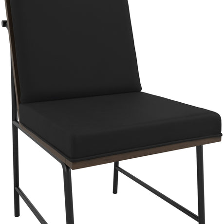 Scout Dining Chair with black Onyx upholstered seat and back, black metal legs and walnut-toned wood frame accents, shown close-up on a plain white background.