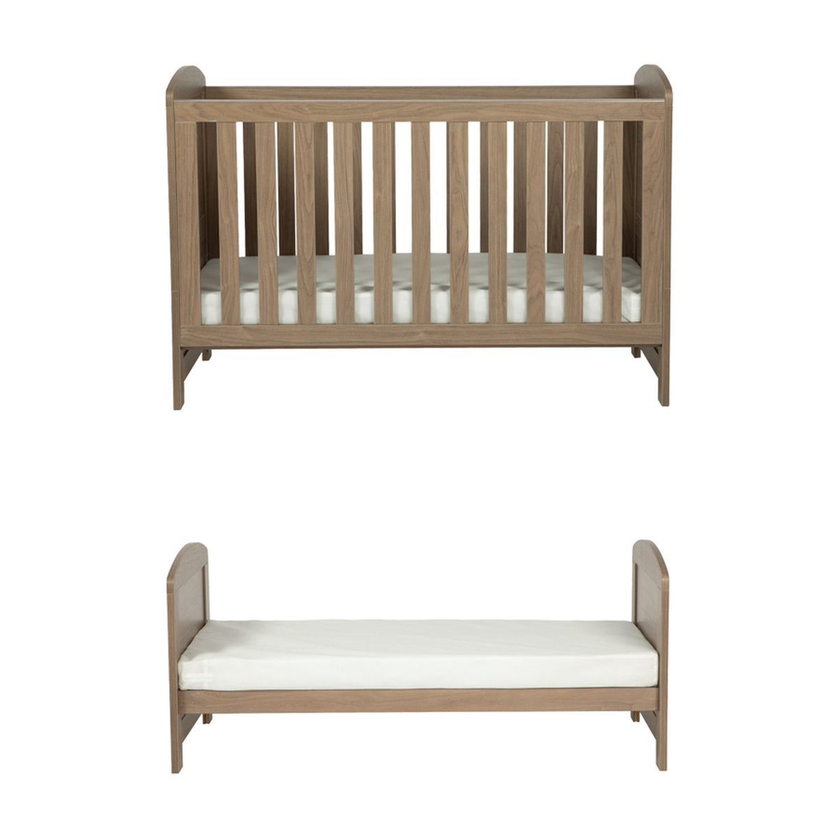 Seeker Convertible Cot Bed & 3 Position Base in Drift, shown as a slatted cot with mattress and as a converted toddler bed, oak-effect wood finish, on a plain white background.