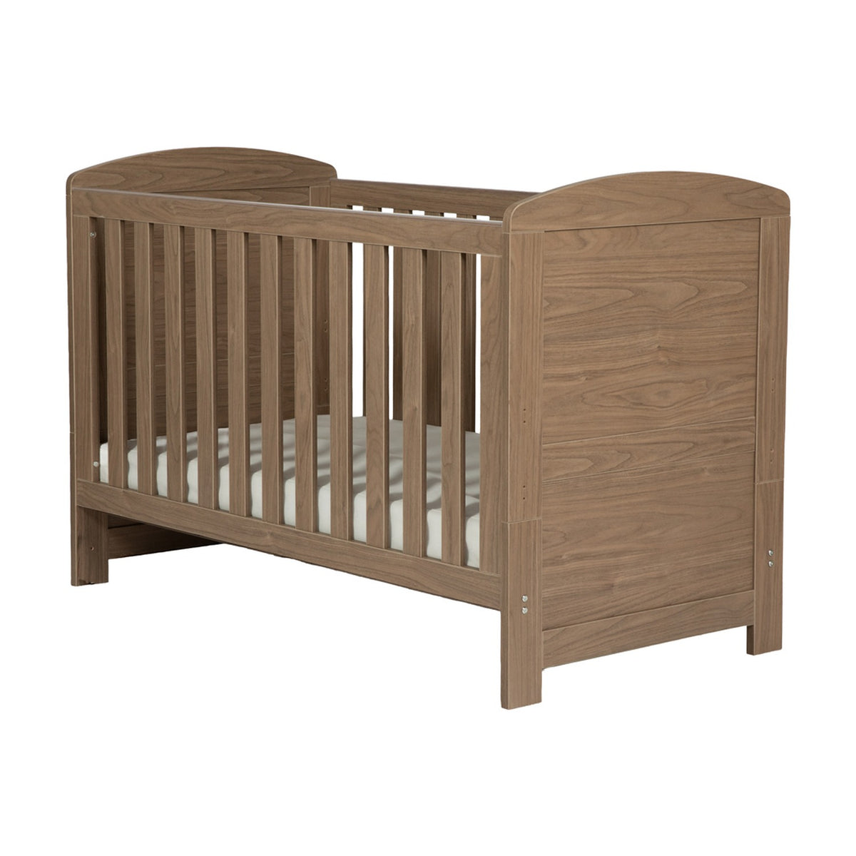 Seeker Convertible Cot Bed in Drift, an MDF cot bed with an oak-effect wood finish, slatted sides, arched end panels, and a mattress base, shown on a plain white background.