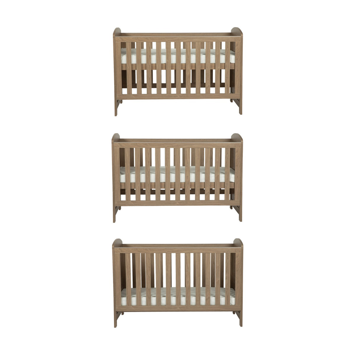 Seeker Convertible Cot Bed in Drift shown at three base heights, an MDF slatted cot bed with oak-effect wood finish on a plain white background.