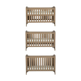 Seeker Convertible Cot Bed in Drift shown at three base heights, an MDF slatted cot bed with oak-effect wood finish on a plain white background.