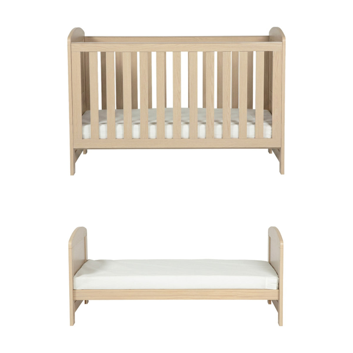 Seeker Convertible Cot Bed in Nordic light oak effect finish, shown as a slatted cot with mattress above and as a low toddler bed below, on a plain white background.