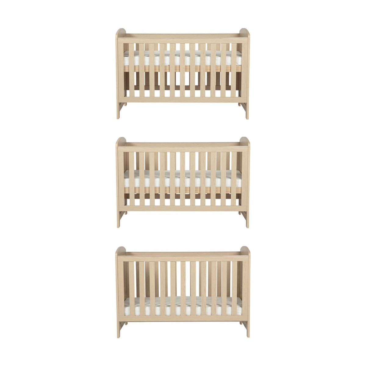 Seeker Convertible Cot Bed in Nordic shown at three base heights, light oak effect finish with slatted sides and rounded corners on a plain white background.