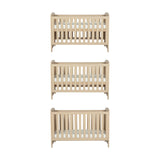 Seeker Convertible Cot Bed in Nordic shown at three base heights, light oak effect finish with slatted sides and rounded corners on a plain white background.