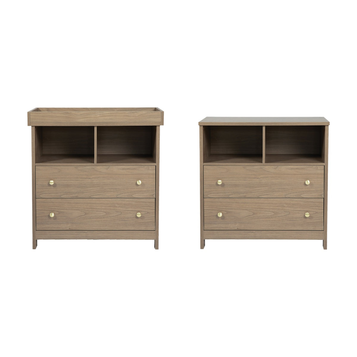 Seeker Changing Table with Drawers & Removable Top in Drift, wood-finish MDF with two drawers, open compartments, and brass-tone handles, shown with and without raised top rail.