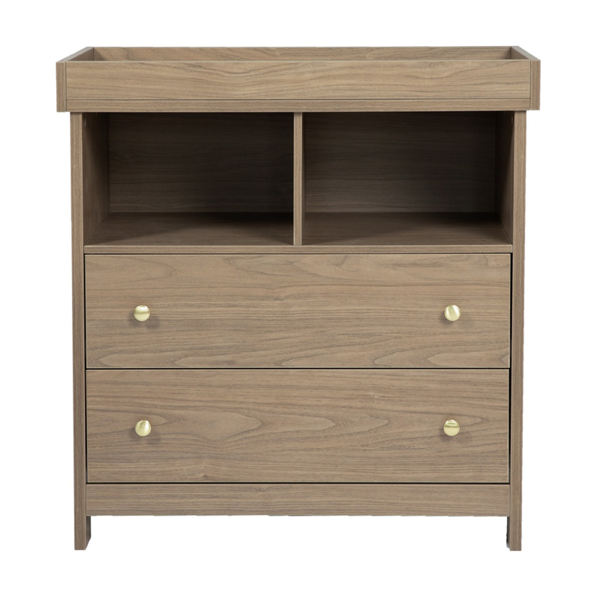 Seeker Changing Table with Drawers in Drift, a wood-finish MDF unit with raised tray top, two open compartments, two drawers with brass-tone knobs, and tapered legs.