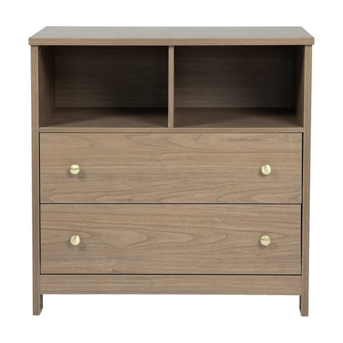 Seeker Changing Table with Drawers in Drift, an MDF unit with wood-textured finish, two open top compartments, two lower drawers with round brass-toned handles, on a plain white background.