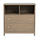 Seeker Changing Table with Drawers in Drift, an MDF unit with wood-textured finish, two open top compartments, two lower drawers with round brass-toned handles, on a plain white background.