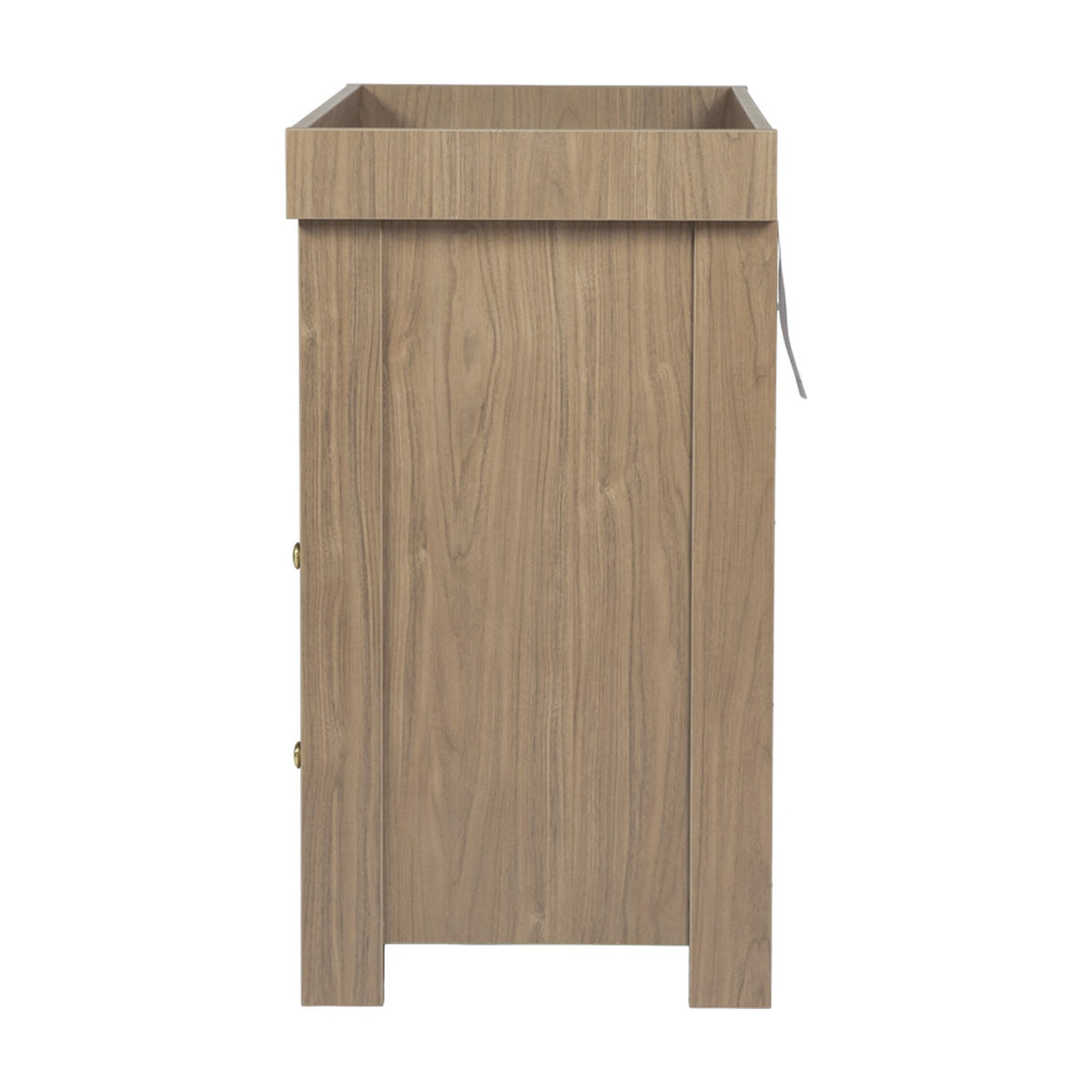 Seeker Changing Table with Drawers in Drift, side view showing MDF cabinet with wood-textured finish, raised guard rail top, and tapered legs on a white background.