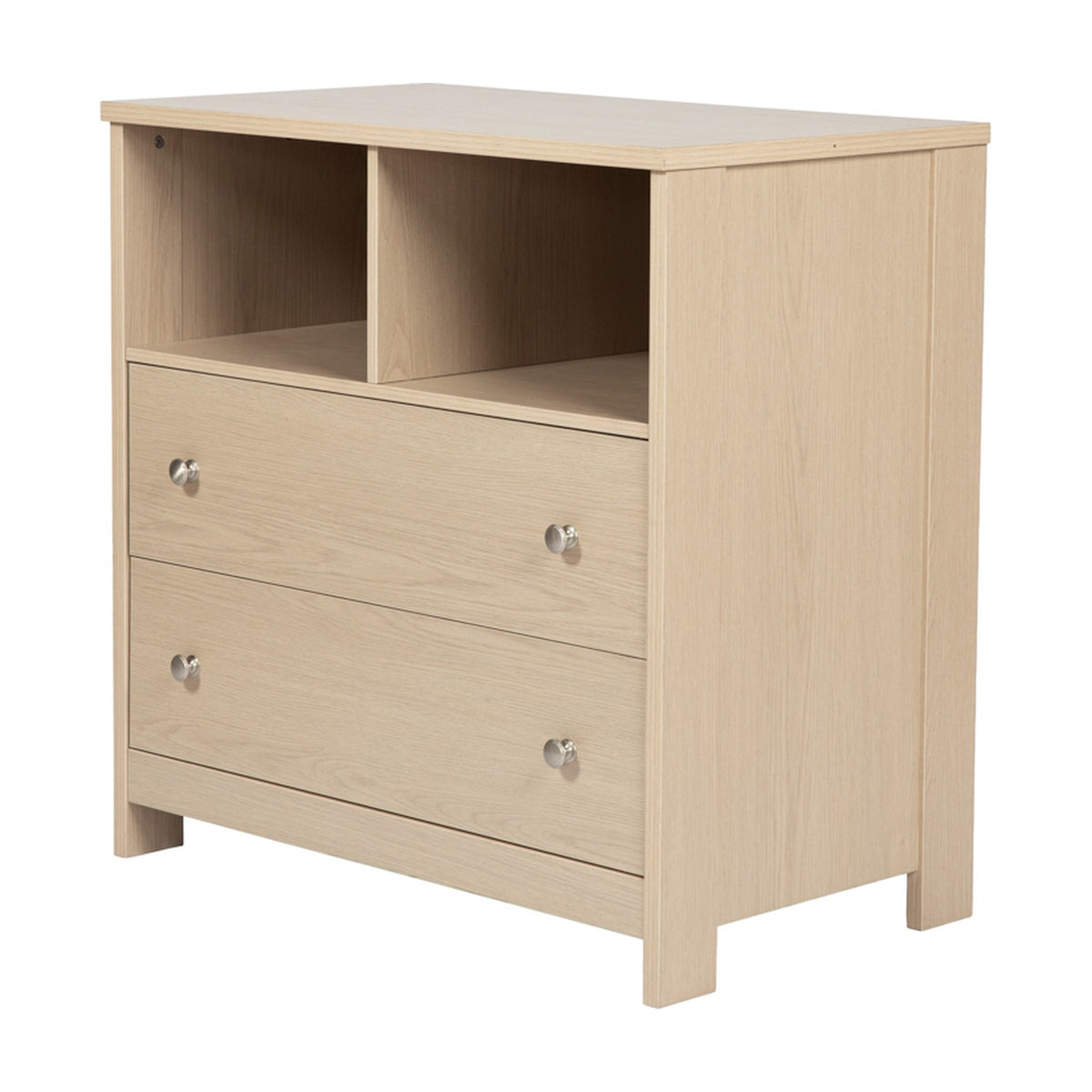 Seeker Changing Table in Nordic, natural wood-finish MDF unit with two open compartments and two drawers with brushed metal handles, on a plain white background.