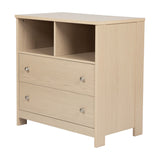 Seeker Changing Table in Nordic, natural wood-finish MDF unit with two open compartments and two drawers with brushed metal handles, on a plain white background.