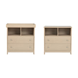 Seeker Changing Table with Drawers & Removable Top in Nordic finish, shown in two configurations with open compartments, two drawers with metal knobs, and MDF construction.
