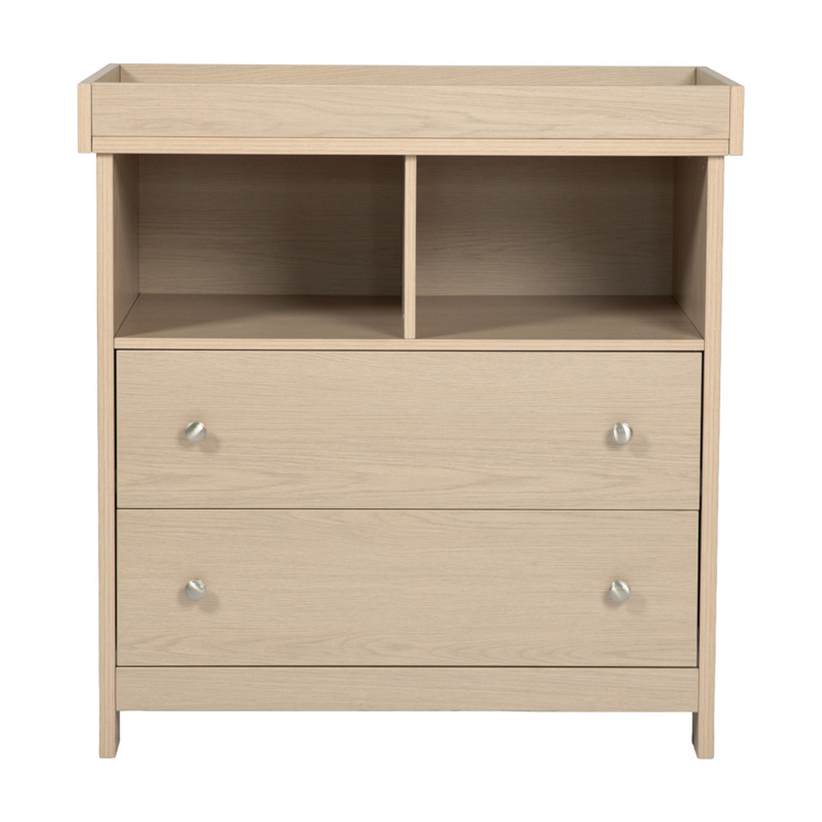 Seeker Changing Table in Nordic finish, MDF construction with two open compartments, two drawers with round metal handles, tray-top edging, on a plain white background.