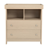 Seeker Changing Table in Nordic finish, MDF construction with two open compartments, two drawers with round metal handles, tray-top edging, on a plain white background.