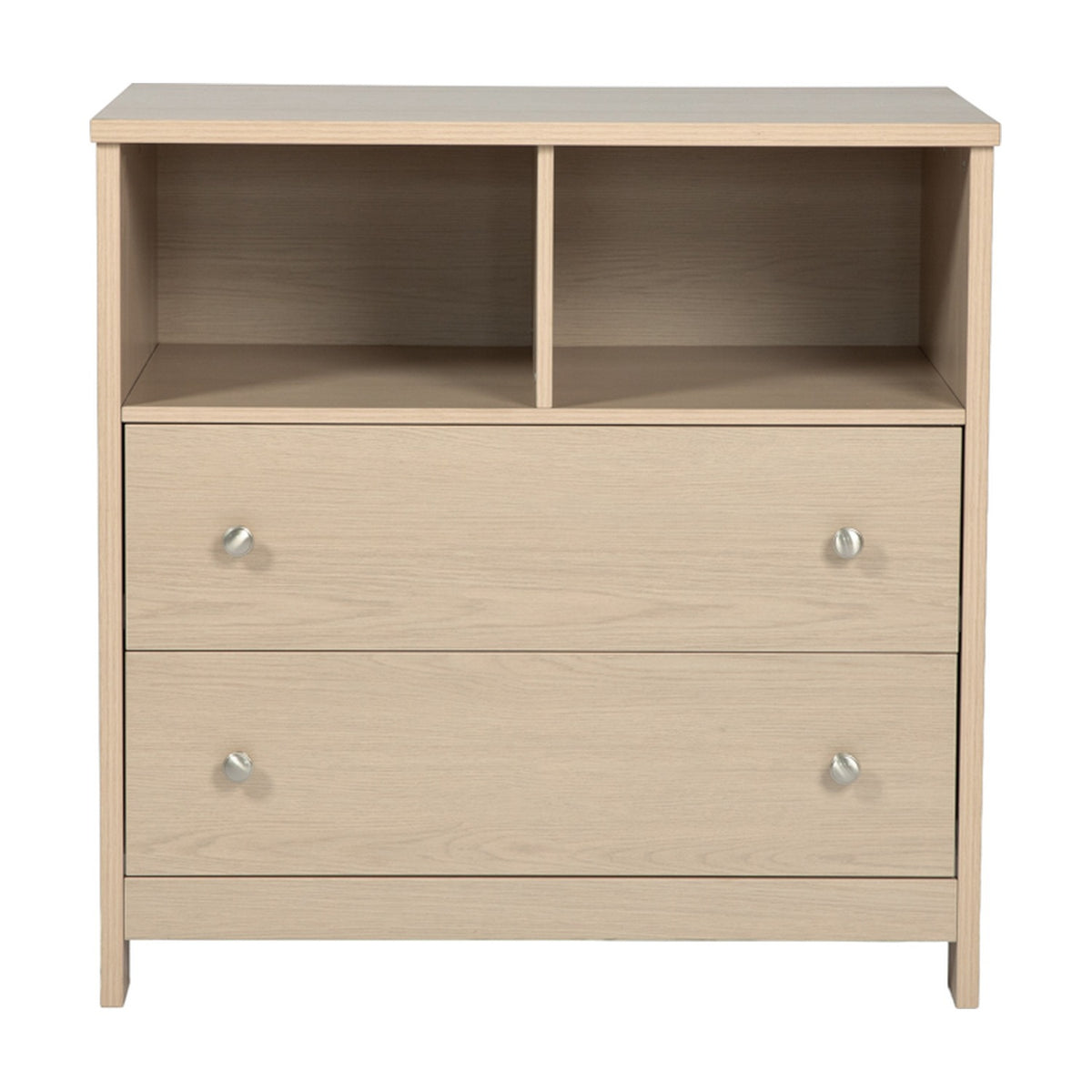 Seeker Changing Table with Drawers in Nordic, a wood-finish MDF unit with two open compartments and two drawers featuring brushed metal knobs, shown on a plain white background.