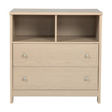 Seeker Changing Table with Drawers in Nordic, a wood-finish MDF unit with two open compartments and two drawers featuring brushed metal knobs, shown on a plain white background.