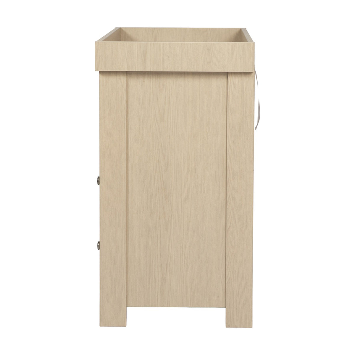 Seeker Changing Table in Nordic, side view showing raised tray top, panelled wood-finish side, and metal handle detail against a plain white background.