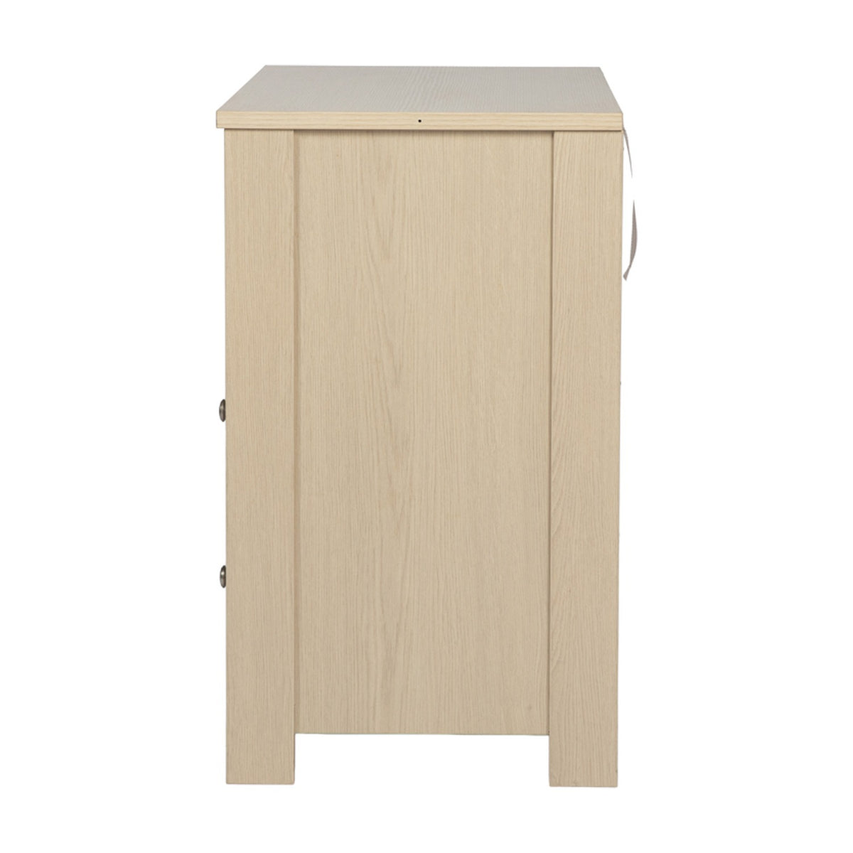 Side view of the Seeker Changing Table in Nordic, showing a wood-effect MDF panel side and tapered leg, on a plain white background.