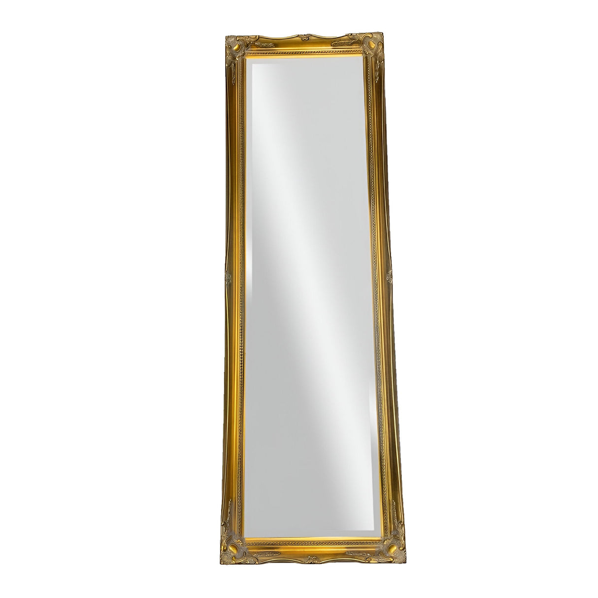 Introducing the Miralux Free Standing Mirror - Gold: a stunning full-length rectangular piece with an ornate gold frame, showcasing intricate detailing and a timeless design that enhances any room.