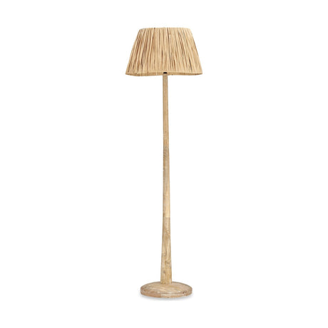 Jelvelle Mango Wood Floor Lamp with tapered natural wood column, round disc base, and tall natural raffia tapered shade, shown on a plain white background.