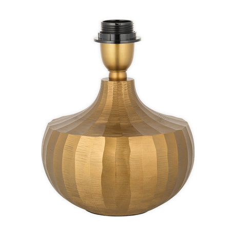 Sakiti Cast Aluminium Table Lamp Base in antique brass, a squat ribbed pot-shaped body with grooved panels, brass collar and black E27 lampholder, on a plain white background.