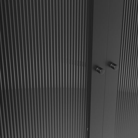 Close-up of the Storm 2 Door Wardrobe, showing matt black steel frame with vertical reeded clear glass door panels and two cylindrical black handles.