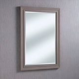 The Alaris Rectangle Wall Mirror - Grey, showcasing its minimalist aesthetic, includes a grey wood frame that offers a stunning contrast against the textured gray wall. Its reflective surface enhances the depth and dimension of the monochrome setting, bringing an elegant harmony to the room.