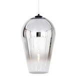 The Slice Glass Pendant Light - Chrome showcases a sleek, reflective chrome finish and a silver glass shade that tapers at the bottom. Suspended by a thin cord, its semi-transparent lower half subtly reveals the bulb inside.
