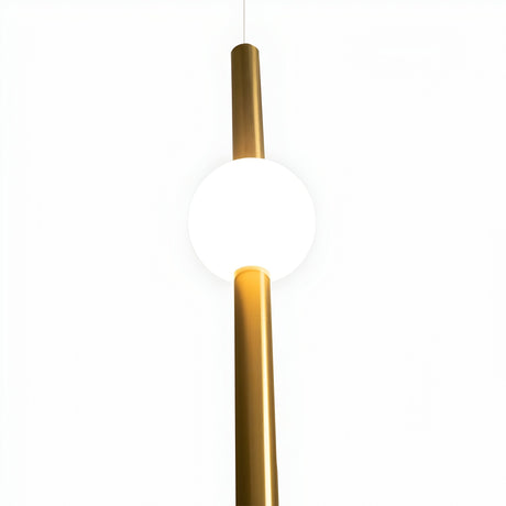The Sottile LED Vertical Suspension Light - Gold features a minimalist design with a polished gold finish; a vertical rod passes through its glowing white spherical shade, all set against a plain white background.