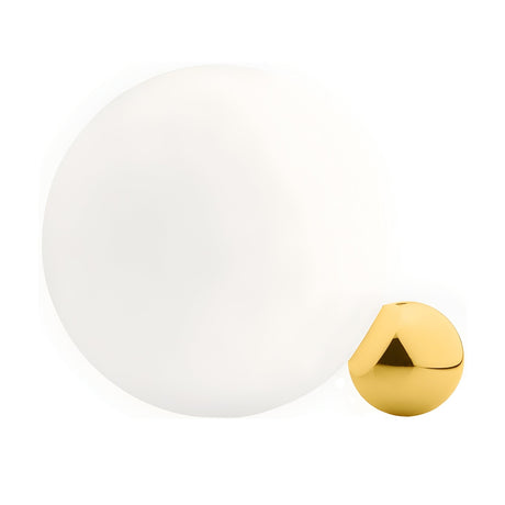 The Soul Table Lamp - Gold features a white glass sphere paired with a smaller shiny gold sphere on its lower right, showcasing minimalist design against a plain white background.