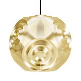 Niori Space 1 Light Perforated Sphere Pendant in gold, a spherical metal shade with concentric ring cut-outs, suspended from a black cord on white.