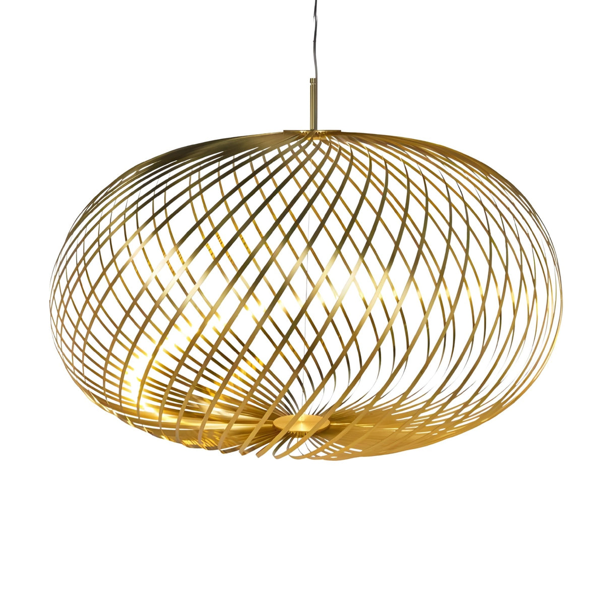 The Swirl Large LED Pendant Light in brass features a modern, spherical open spiral design with an energy-efficient LED, suspended from a thin cord against a white background.