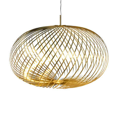 The Swirl Large LED Pendant Light in brass features a modern, spherical open spiral design with an energy-efficient LED, suspended from a thin cord against a white background.