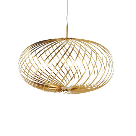 The Swirl Medium LED Pendant Light - Brass features a spherical open-cage design with curved gold metal bands and a luxe brass finish, suspended from a black cord for an energy-efficient, modern statement.