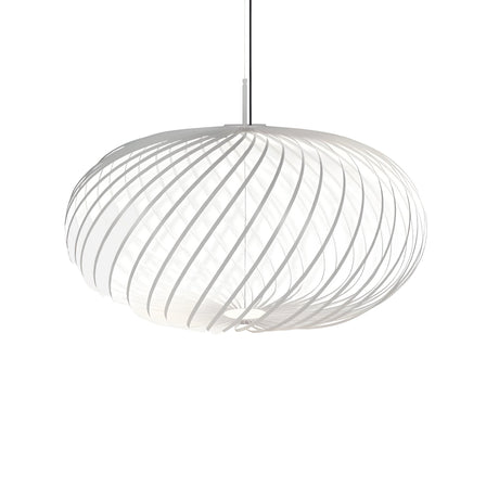The Swirl Medium LED Pendant Light - White features a modern oval shade with curved, overlapping strips for a spiral, airy look. Energy-efficient LED technology and a sleek black cord complete its sculptural design.