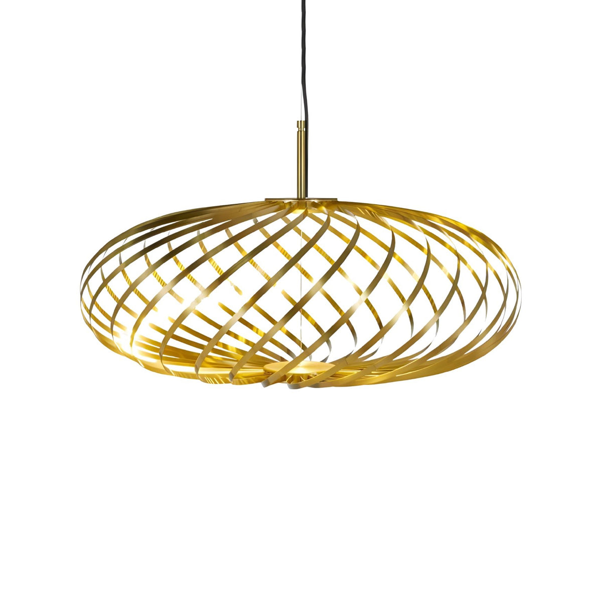 The Swirl Small LED Pendant Light - Brass features a modern circular open spiral design, brass finish, and black suspension cord. Energy-efficient and stylish, its perfect for any space.