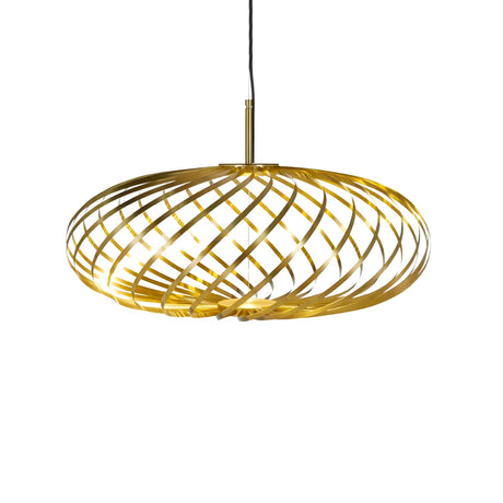 The Swirl Small LED Pendant Light - Brass features a modern circular open spiral design, brass finish, and black suspension cord. Energy-efficient and stylish, its perfect for any space.