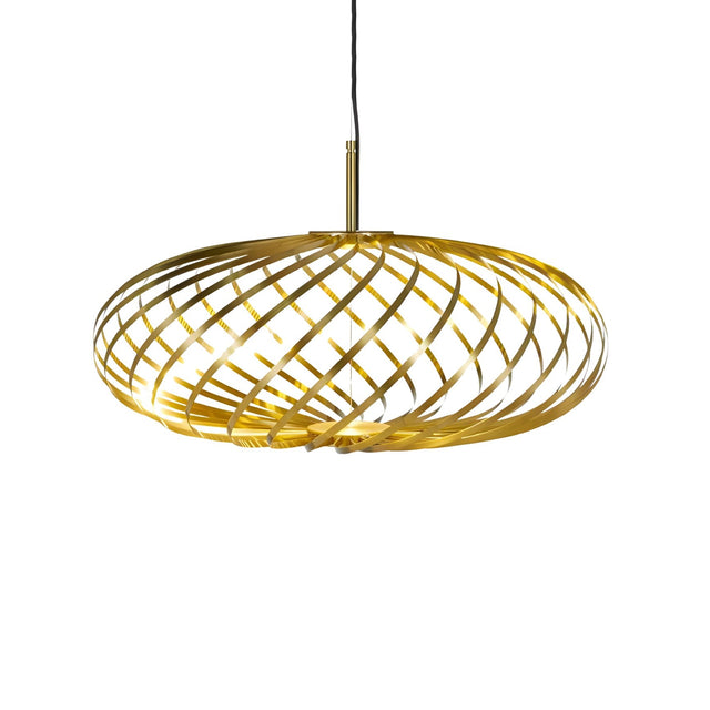 The Swirl Small LED Pendant Light - Brass features a modern circular open spiral design, brass finish, and black suspension cord. Energy-efficient and stylish, its perfect for any space.