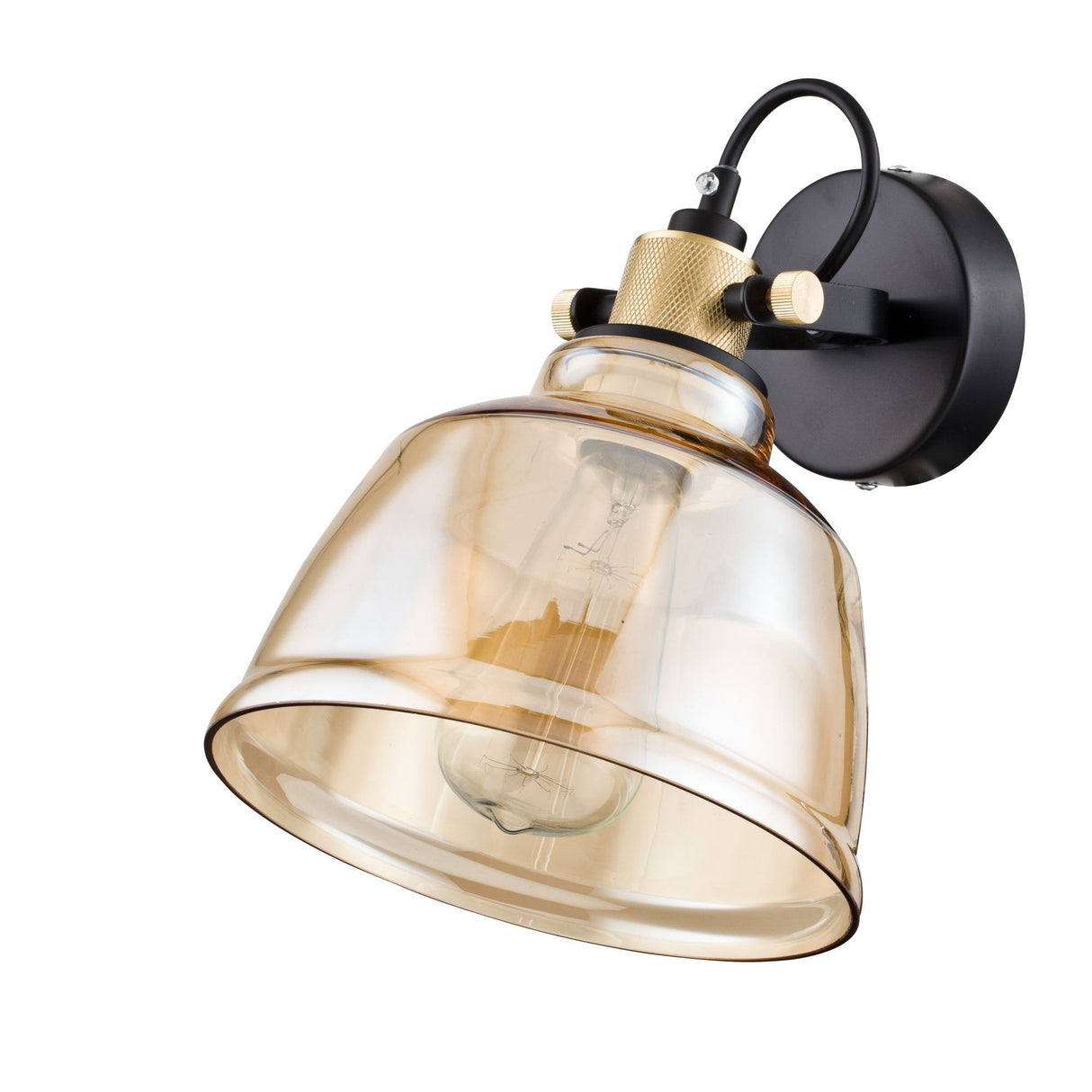 The Irving Wall Light - Black With Amber Glass is an industrial-style wall fixture with a transparent amber glass shade and visible filament bulb, featuring a black metal base accented with gold for an elegant vintage look that enhances any space.