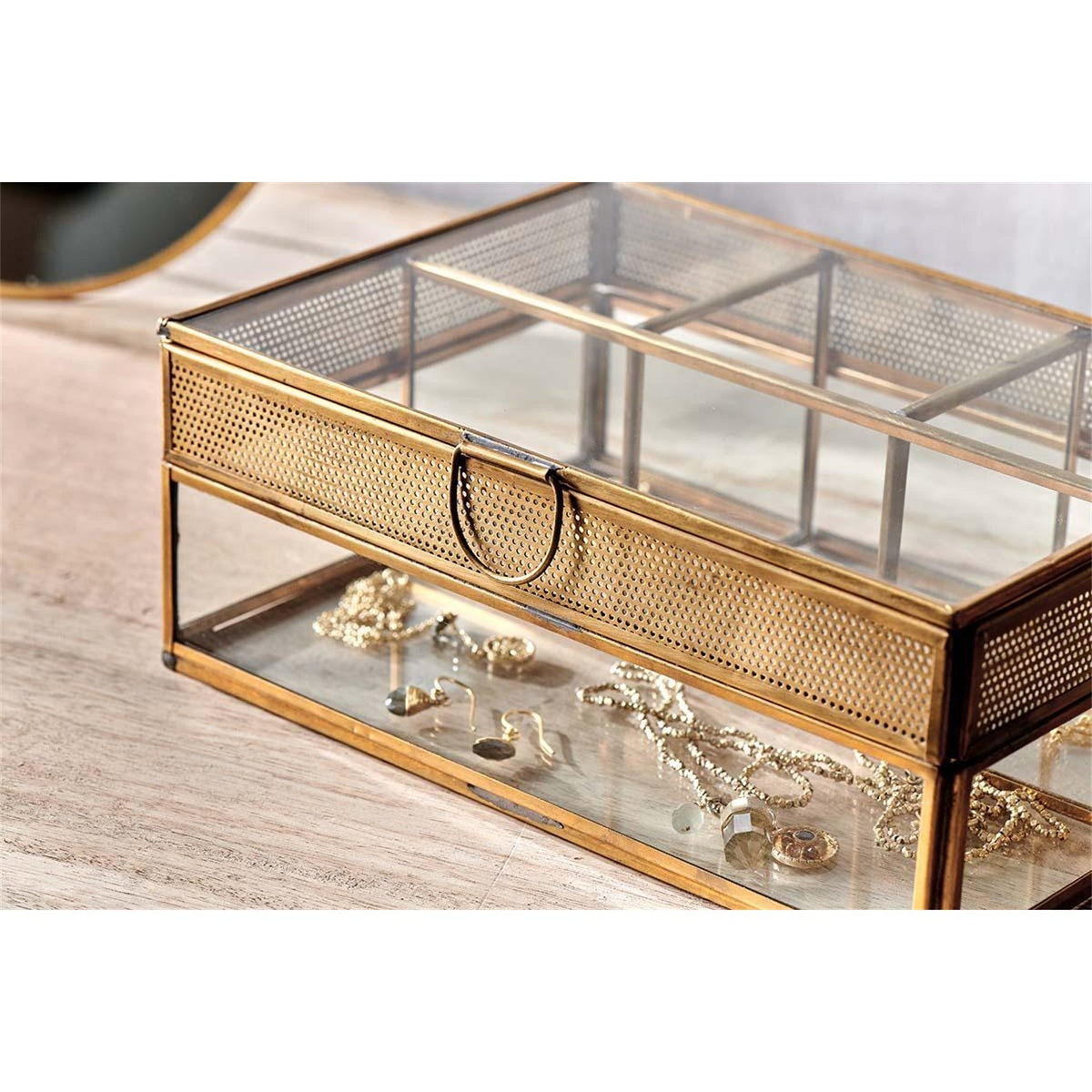 Tama Glass Jewellery Box - Antique Brass