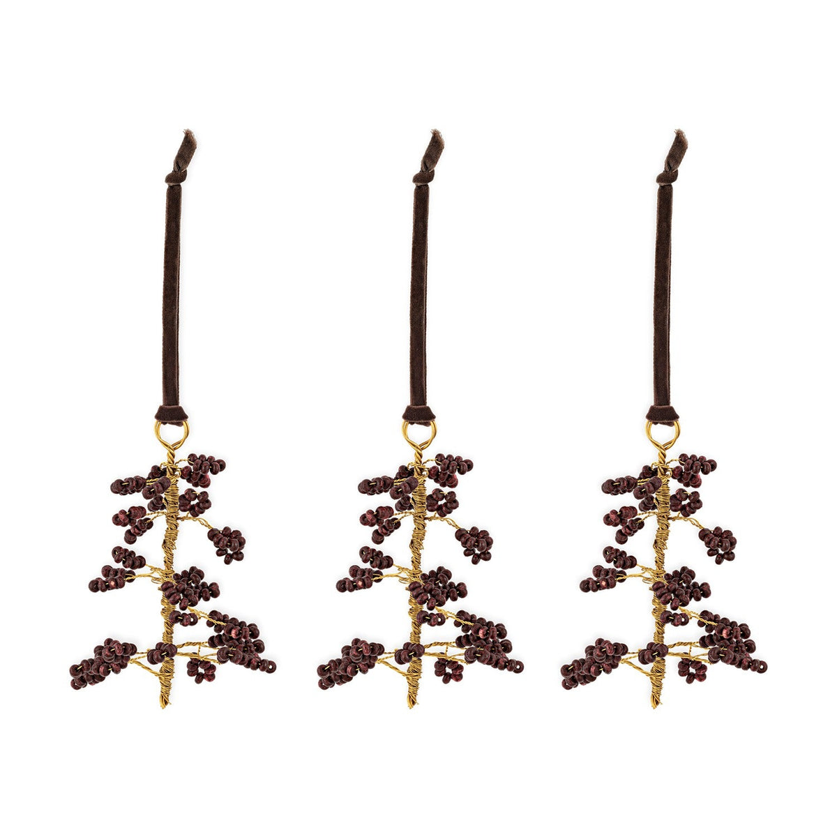 Tanu Mango Wood Beaded Baubles - Brass & Ruby - Set of 3