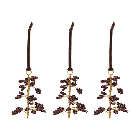 Tanu Mango Wood Beaded Baubles - Brass & Ruby - Set of 3