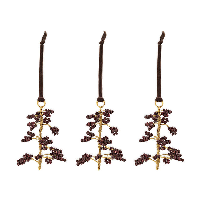 Tanu Mango Wood Beaded Baubles - Brass & Ruby - Set of 3