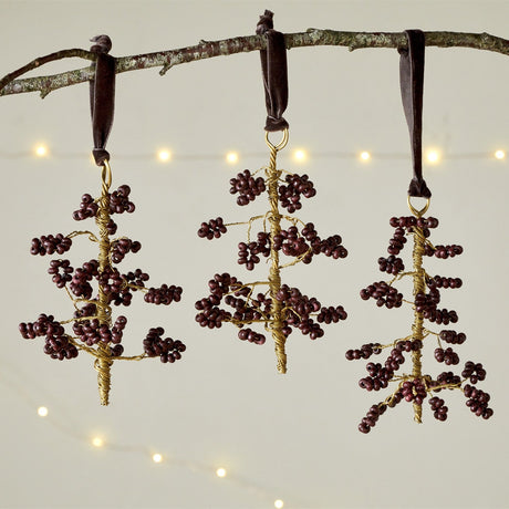 Tanu Mango Wood Beaded Baubles - Brass & Ruby - Set of 3