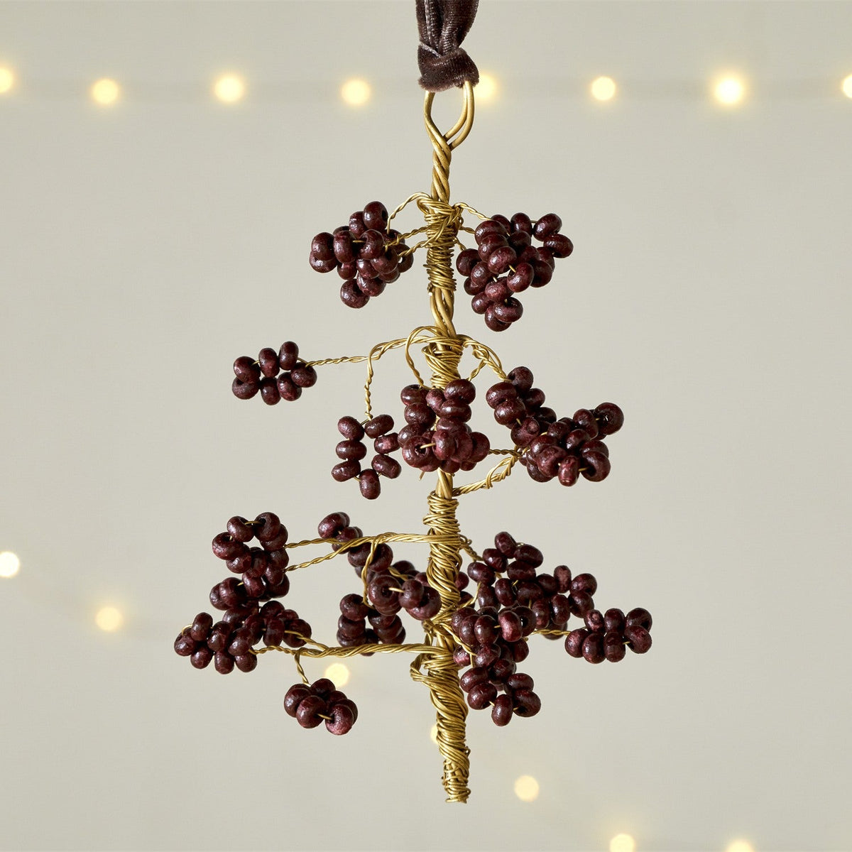 Tanu Mango Wood Beaded Baubles - Brass & Ruby - Set of 3