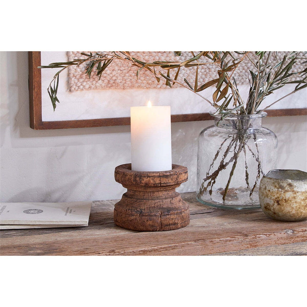 Thoko Reclaimed Wood Round Candlestick - Dark Stain