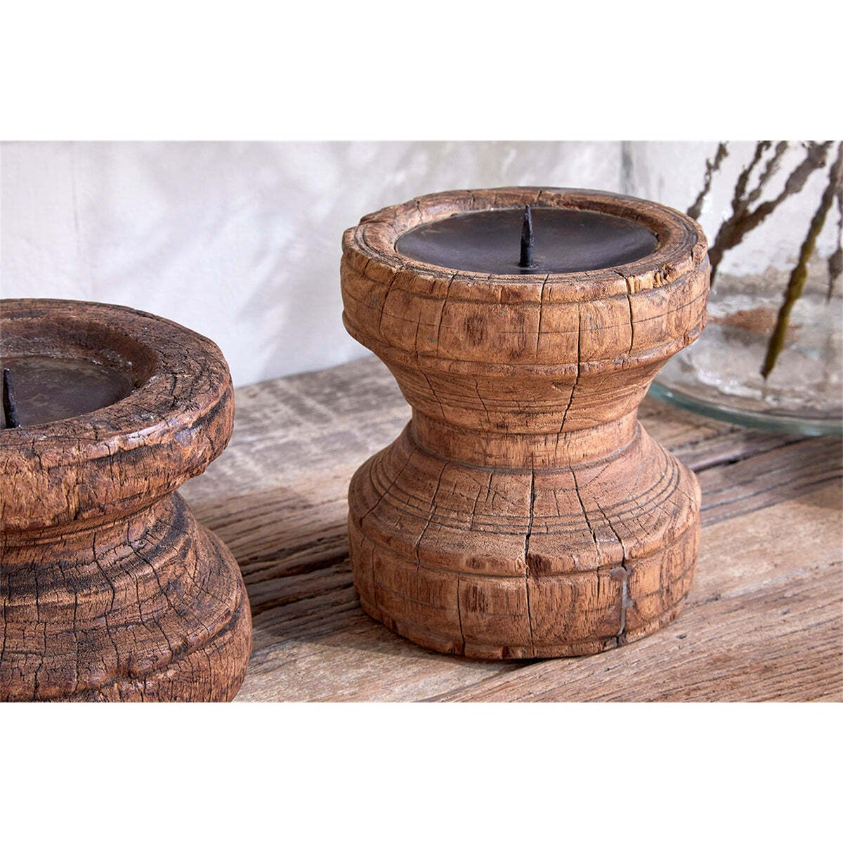 Thoko Reclaimed Wood Round Candlestick - Dark Stain